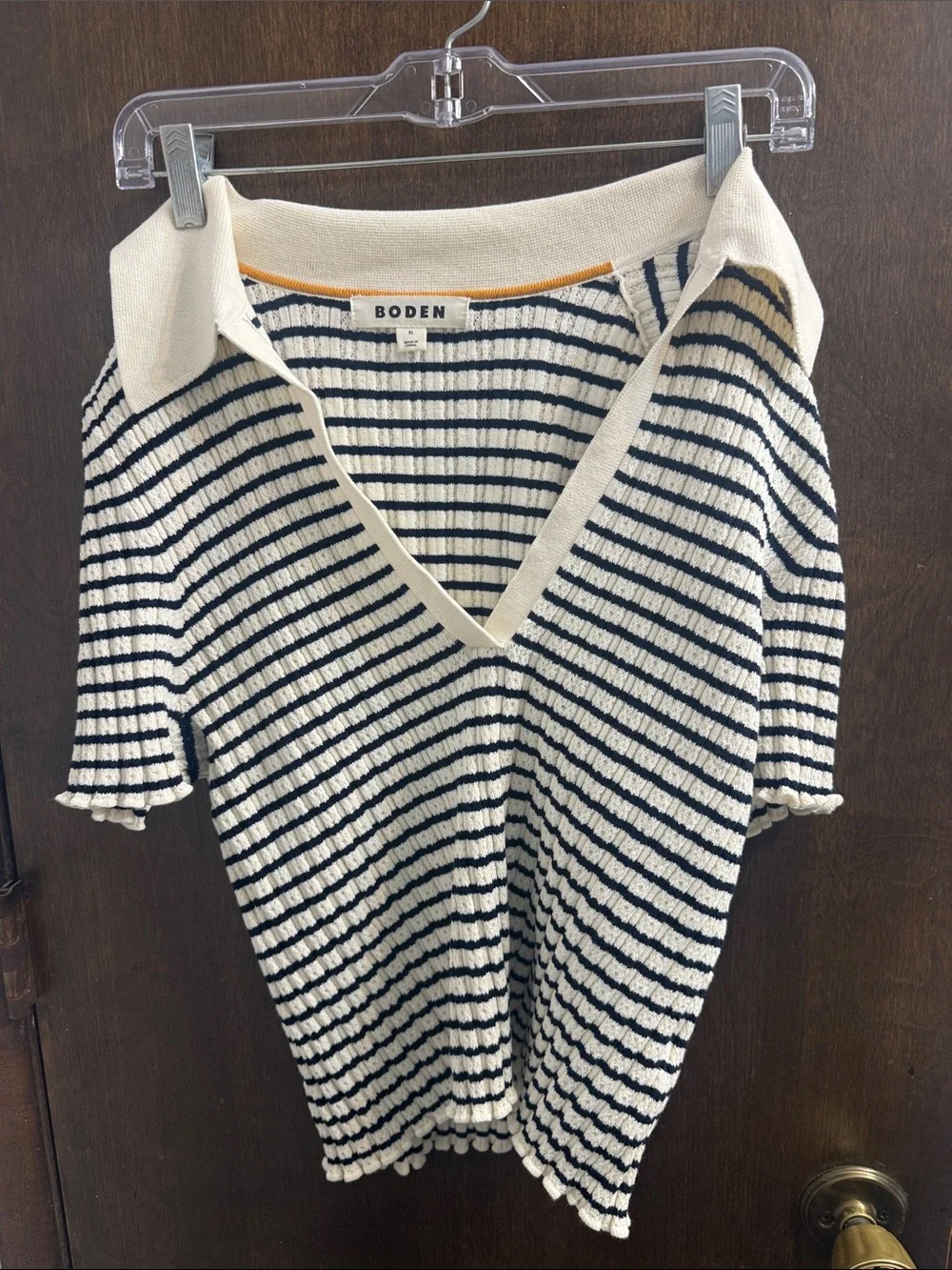 Boden Cream and Navy Striped V-Neck Polo Sweater